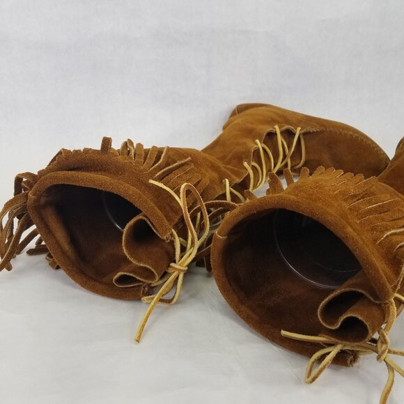 Minnetonka Knee High Boot Womens 7 Moccasins Fringe Front Lace Leather Brown USA - Picture 7 of 16